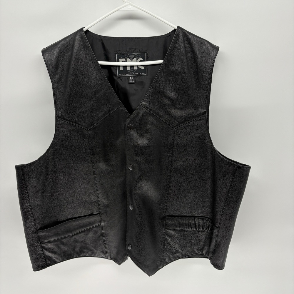 FMC Black Smooth Leather Motorcycle Vest Button Snap Western Biker Men 56 XXL